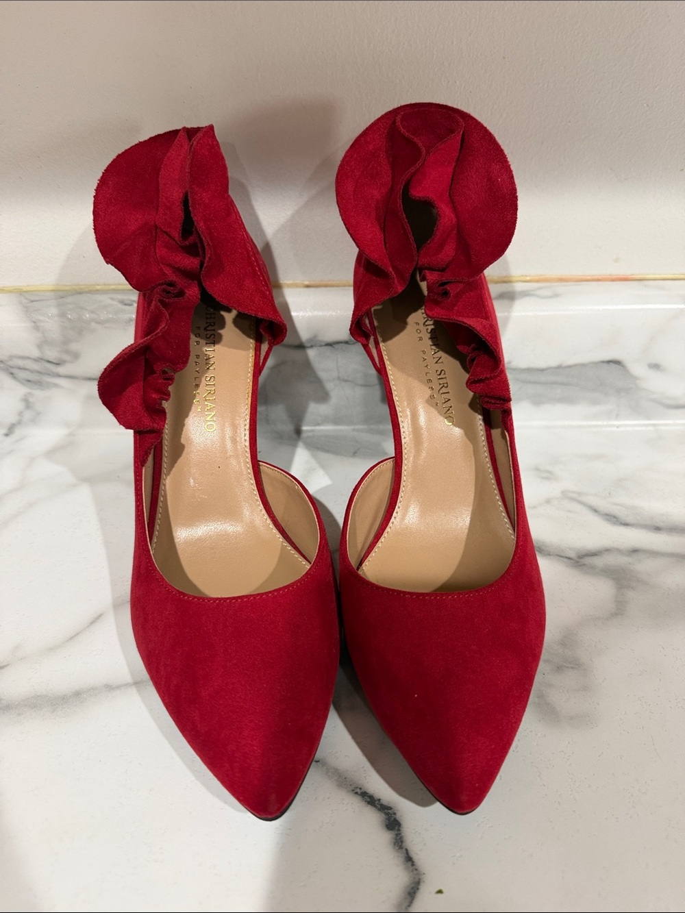 Christian Siriano Red Suede Pointed-Toe Ruffle Pumps